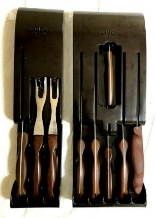 Vintage Cutco 9 Pc Kitchen Knife Set Brown Handles Plus 2 Wall Hanging Racks