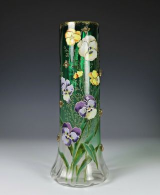 Antique Moser Bohemian Glass Tall Vase With Enamel And Applied Bees