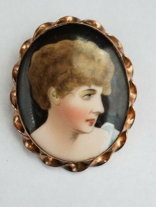 Antique Porcelain Portrait Gold Filled Brooch Hand - Painted