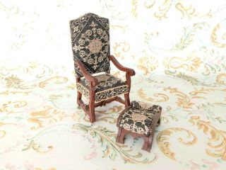 Artisan Dollhouse Furniture Set Wood Chair And Foot Stool Upholstered Padded