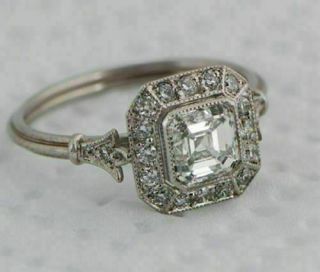 1.  4 Ct Asscher Diamond 14k White Gold Over Halo Vintage Art Deco Engagement Ring