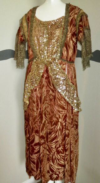 1920 Dress Sequins Cut Velvet Silver Lame Metalic Lace Theater Costume Lrg Size