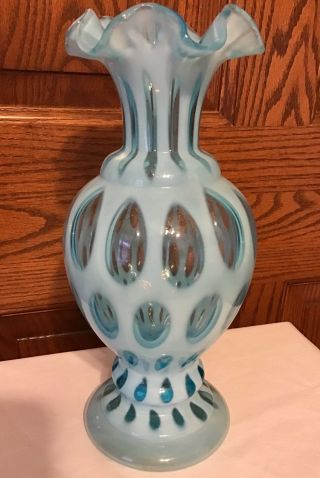 Vintage Fenton Art Glass Blue Opalescent Coin Dot Vase V16