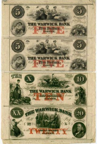 Antique Set 4 Warwick Ri Bank 1850s $5 $10 $20 Obsolete Currency Bill Note Cash