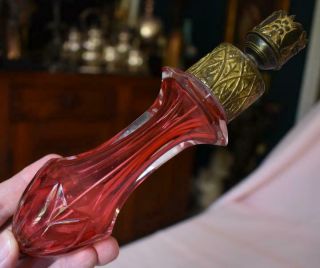 Extremely Rare Victorian Era Cranberry Glass Umbrella Handle Patterned Fittings