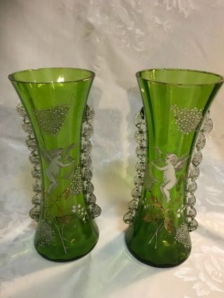 Antique Victorian Moser Glass Mary Gregory Cherub Mantle Vases Pair Rigoree