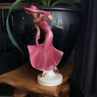 Vintage 1930s Art Deco Porcelain Figurine Of Lady In Pink Czechoslovakia