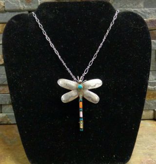 Rare Zuni Dragonfly Sterling Turquoise Multi Gem Pendant Necklace Pin Old Pawn