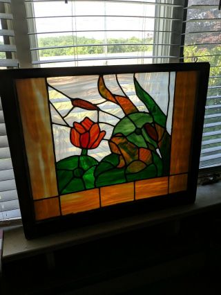 MID SIZED OLD ENGLISH LEADED STAINED GLASS WINDOW Bordered Floral 32 