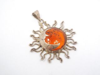 Vintage Mexico Sterling Silver Amber Sun & Moon Pendant,  9.  5 Grams