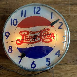 Rare Vintage 1944 Pepsi Cola Double Dot Soda Pop 15 " Lighted Clock Sign