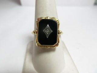 Vintage 1930s 10k Solid Gold Ring With Onyx And Natural Diamond