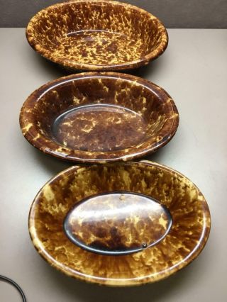 Set of 3 Vintage Stacking Oval Spongeware Spatterware Bowls Brown/Beige 2