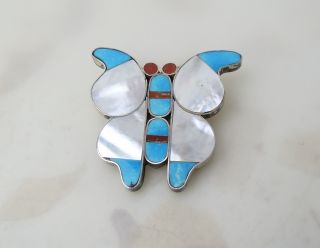 Sterling Silver Vintage Navajo Or Zuni Turquoise Mop Coral Butterfly Pendant