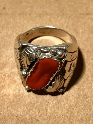 Vintage Navajo Sterling Silver Coral Signed Heavy Large Ring Size 10.  5 Unique