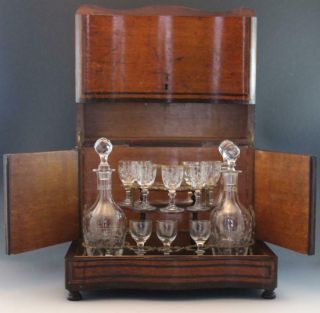 Antique French Brevete Tantalus Box W/ Fruitwood & Mop Inlay W/ Glass Decanters
