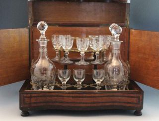 Antique French Brevete Tantalus Box w/ Fruitwood & MOP Inlay w/ Glass Decanters 3