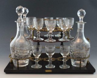 Antique French Brevete Tantalus Box w/ Fruitwood & MOP Inlay w/ Glass Decanters 9