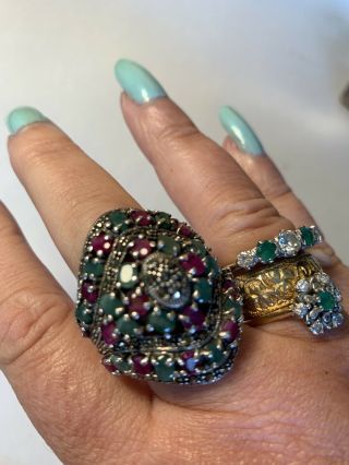 Huge Vintage 925 Silver Emerald Ruby Ring Set With Gemstones