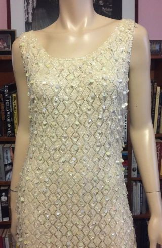 Vintage 1960s Hong Kong Knit Hand Beaded Sequins Fitted Cocktail Party Dress Nos