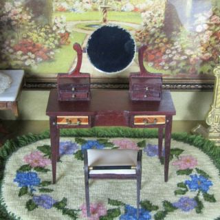 Antique Vtg SONIA MESSER INLAID VANITY TABLE CHAIR Bedroom Dollhouse Furniture 3