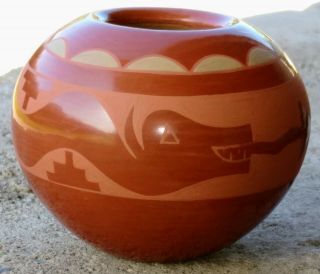 Vintage Santa Clara Pottery Red On Red Bowl Water Serpent Design By Annie Baca