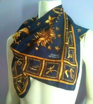 Gianni Versace Scarf Vintage Astrological Zodiac 100 Silk Paris Navy