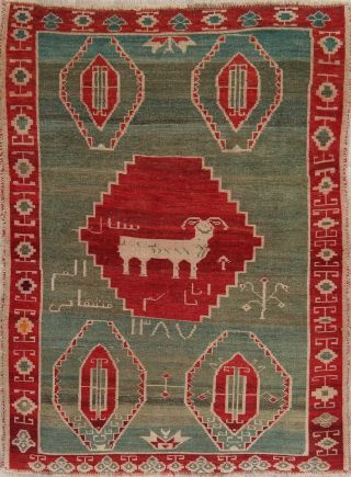 Antique Deer Pictorial Green Tribal Oriental Area Rug Hand - Knotted Wool 4 