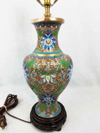 Stunning Vintage 24 " Chinese Lotus Cloisonne Vase Lamp 24 " Gold Blue Green Vgc