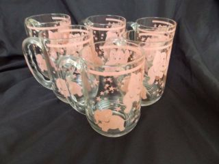 Set 6 Vintage Hazel Atlas Glass Mugs Pink Elephants 5 " Tall