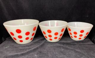 Set Of 3 Vintage Fire King White Red Polka Dot Mixing Bowl Oven Ware -