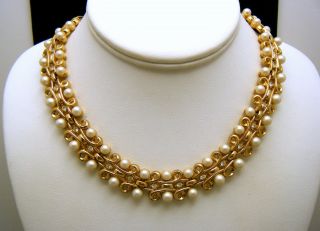 Crown Trifari Vintage Necklace Faux Pearl Gold Tone Rhinestone 1950s Choker