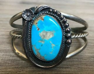 Gorgeous " Signed " Tall Vintage Navajo Turquoise & Sterling Silver Cuff Bracelet