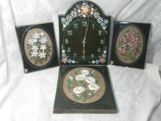 Vintage Jie Gantofta Sweden Pottery 4 - Pc Wall Clock 992 & Floral Plaque Set?