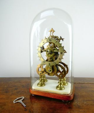 Antique English Victorian Fusee Skeleton Clock In Glass Dome 8 Day Movement 1880