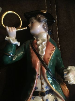 Vintage German ? Porcelain Man With Horn - woman With Rifle Figurines H - 7” 4