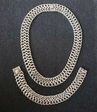 Vtg Set Sterling Curb Chain Necklace Bracelet Heavy Mexico Wide Thick Set