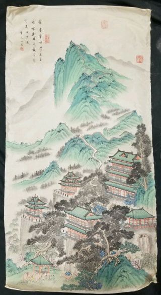 2 Vintage Asian Painting Silk Pretty Signed Fabric Art