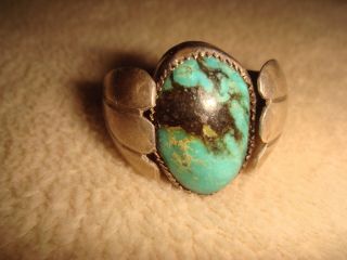 Vtg.  Old Pawn Navajo Sterling Silver & Turquoise Cuff Side Mens Ring 10 1/4 Hmss