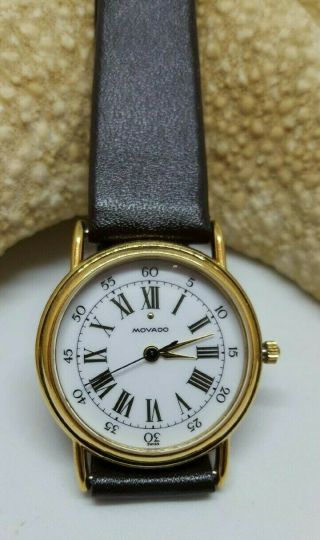 Movado White Roman Numeral Leather Band Watch Gold Plated Wrist Vintage
