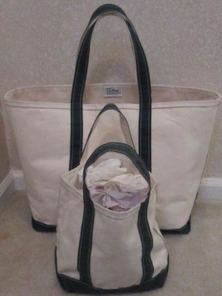 Vintage L.  L.  Ll Bean Boat And Tote Bag Green Handles Large & Small