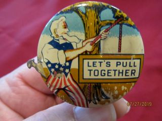 Vintage Wwii Uncle Sam - Adolf Hitler – " Let’s Pull Together " Pinback Button