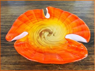 Vintage Murano Orange Glass Large Fruit Bowl Cased Sommerso Blown Art Dish Gold