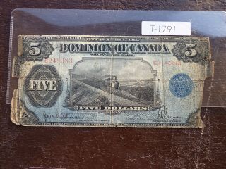 Rare Canada Banknote 5 Dollar 1917 Dominion Of Canada Dc 21 F T1791