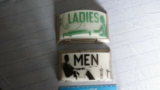 Vintage Men Ladies Art Deco Style Cast Glass Restroom Bathroom Sign Lights Pair