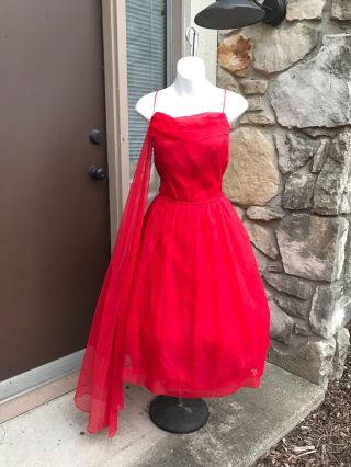 Vintage 50s Red Chiffon Full Skirt Party Dance Dress