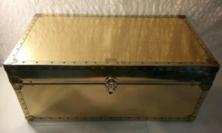 Vintage Brass Clad Storage Chest Trunk Travel Coffee Table Display 33 " Wide