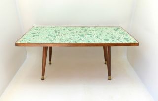 Petite Mid Century Modern Coffee Table Rectangle Aqua Green Mosaic Stone Walnut