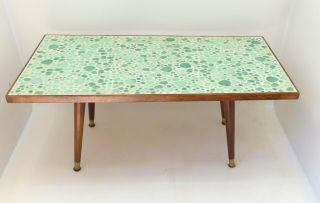 Petite Mid Century Modern Coffee Table Rectangle Aqua Green Mosaic Stone Walnut 2