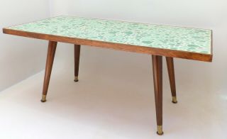 Petite Mid Century Modern Coffee Table Rectangle Aqua Green Mosaic Stone Walnut 3